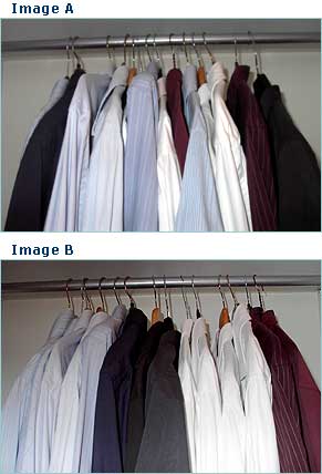 Different arrangements for shirts in a wardrobe