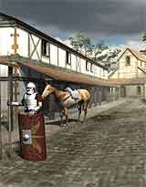 A reconstruction of  a street in Calleva with buildings and Roman soldier