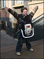 James models his Robo Rucksack