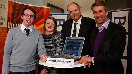 l-r: Mark McCarrick from Bradford, 21, studying TV Production at the University of Teesside; Jane Clark, 18, first-year Broadcast Media Production student at the University of Teesside; Mark Thompson, BBC Director-General; Peter Salmon, Director BBC North