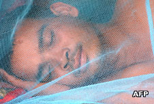 A man sleeps under a mosquito net in Cambodia