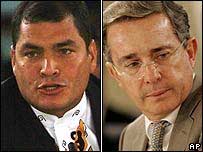 Os presidentes do Equador, Rafael Correa, e da Colômbia, Álvaro Uribe