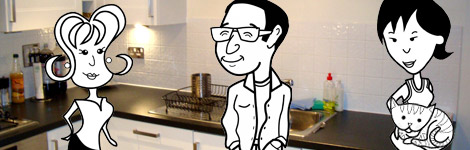 Alice, Khalid, Helen and the cat in the kitchen