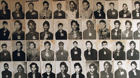 Photos of victims of the Khmer Rouge Killing Fields, displayed at Toul Sleng, the former school that was turned into a prison camp called S-21