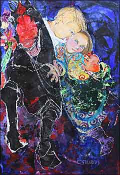 Man and woman on a black horse