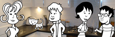 The flatmates and the cat in the kitchen