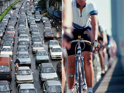 First half: Traffic jam. Second half: Line of cyclists race on bridge