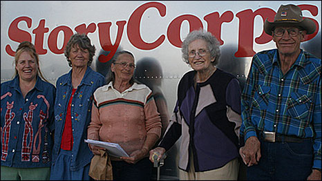StoryCorps participants outside the mobile recording booth in Paonia, Colorado
