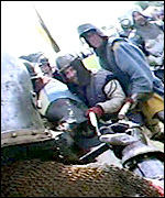 View from Graham Field's 'HelmCam' mid-battle at the Tewkesbury Medieval Festival