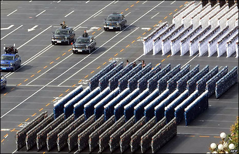 Chinese President Hu Jintao (3L car) reviews the military personnel during the National Day parade in Beijing on October 1, 2009