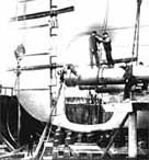 Black and white photograph showing the Titanic's rudder being built