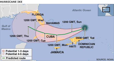 Bản đồ hướng đi của cơn bão Ike