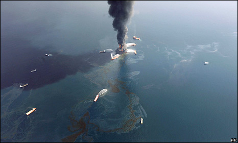 Deepwater Horizon oil rig off the coast of Louisiana burning on 21 April before it sank on 22 April 2010
