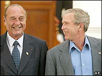 جورج بوش و ژاک شيراک روسای جمهوری آمريکا و فرانسه