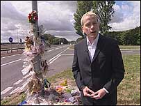 Andy Johnson with roadside shrine 