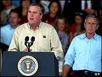 O governador da Flórida, Jeb Bush, e, ao fundo, seu irmão, o presidente americano, George W. Bush