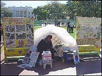 يک زن معترض در مقابل کاخ سفيد آمريکا