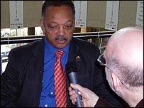 BBC Leicester's John Florance interviewing Reverend Jesse Jackson in Leicester