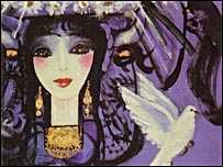 یک زن و یک کبوتر در یک اثر نقاشی از اویسی