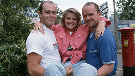 Daniella Westbrook as Sam, with Ross Kemp and Steve McFadden in an archive shot