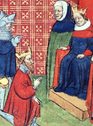 Image taken from a manuscript depicting John Baliol, King of Scotland, offering homage to Edward I of England.
