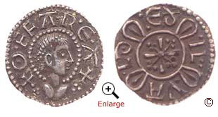 A silver penny from the reign of Offa, King of Mercia 757-796. Minted in London around 785. Obverse (left) reverse (right)