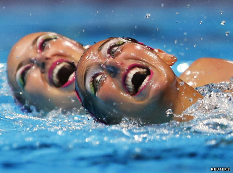Synchronised swimmers performing