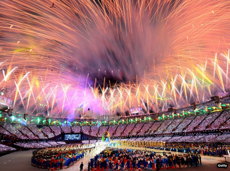 Fireworks over the Olympic stadium at the London 2012 closing ceremony.