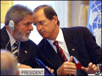 O presidente Lula e o ministro Luiz Fernando Furlan em Genebra