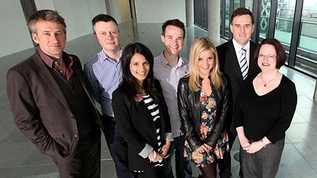 From Left to Right: Peter Salmon (Director BBC North), Joe Godwin (Director BBC Children's), Sonali Shah (Newsround), Alex Winter (CBeebies), Helen Skelton (Blue Peter), David Glover (Construction Director Peel) and Sinead Greenaway (CEO Peel).
