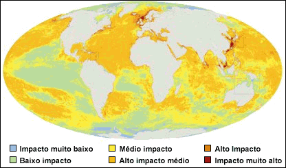Mapa do impacto humano nos oceanos. National Science Foundation.