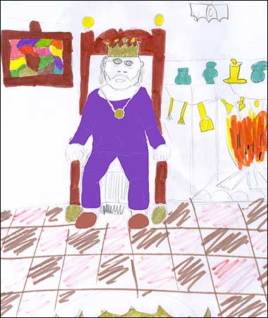 Y brenin Brychan Brycheiniog yn eistedd ar ei orsedd