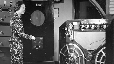 Miss Elizabeth Cowell listening to a recording of her voice at Maida Vale Studios in 1936