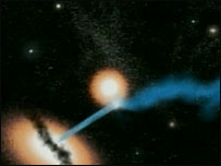 Jato de partículas atingindo galáxia vizinha