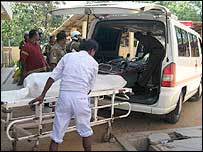 A blast victim taken to hospital in Trinco (photo RG Dharmadasa)