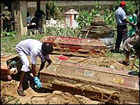 Workers exhumed aid workers bodies.