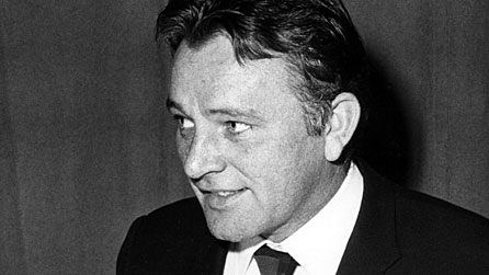 Black and white image taken of Richard Burton while at the BBC to record Under Milk Wood