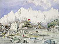 aquarela de uma cidade do Nepal