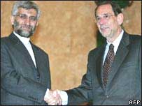 O negociador nuclear iraniano, Saeed Jalili, e o chefe da diplomacia da União Européia, Javier Solana