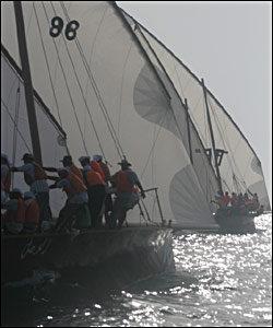 چند ملوان بر روی عرشه هر قایق در مسابقه شرکت دارند