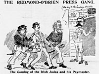 A satirical cartoon depicting Irish nationalist William O'Brien and leader of the Irish Parliamentary Party John Redmond delivering an Irish 'volunteer' to Lord Kitchener at the British War Office.