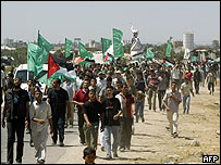 Protesto organizado pelo Hamas no sul da Faixa de Gaza contra o bloqueio israelense
