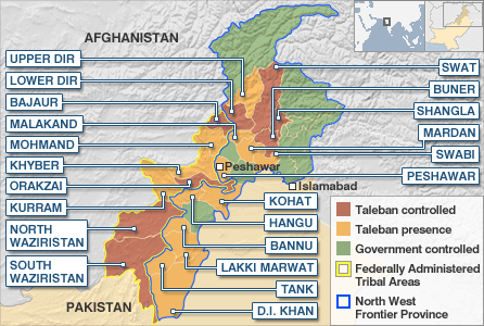 BBC Urdu service map showing Taleban influence in Pakistan