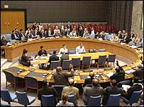 संयुक्त राष्ट्र सुरक्षा परिषद की बैठक का एक दृश्य