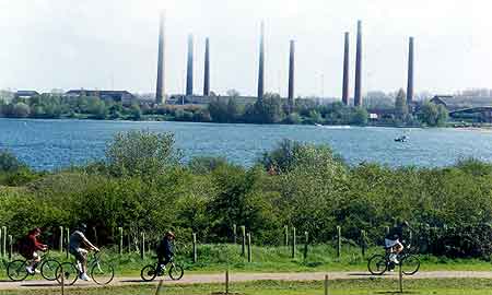 Brickwork chimnneys and lake