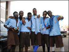Former students wear versions of their old uniforms at the Joy FM school reunion in Accra, Ghana