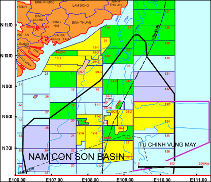 Bản đồ vùng Tư Chính – Vũng Mây và bồn trũng Nam Côn Sơn. 