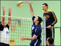 Volleyball match in action