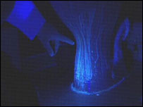 Jim Francis pointing to stained toilet