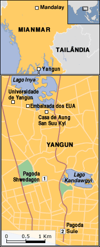 Locais dos principais protestos em Mianmar